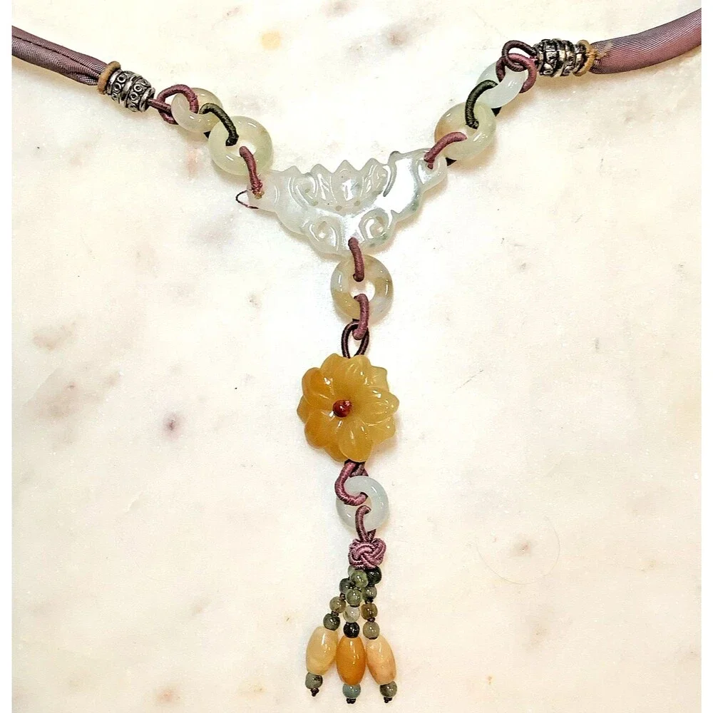 Vintage Jadeite Carved Necklace Y-Drop Pendant Silk Cord Asian Bead Lariat
